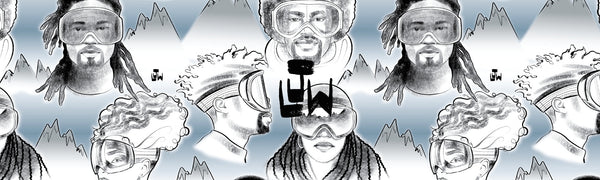 Background image of art piece by artist Lamont Joseph White with skiers and snowboarders wearing goggles with a blue/gray/white mountain range behind them. LJW artist signature in the middle in black print 