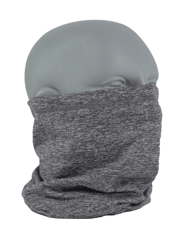 Right corner shot of Comfort Neck Tube in heather grey on mannequin head