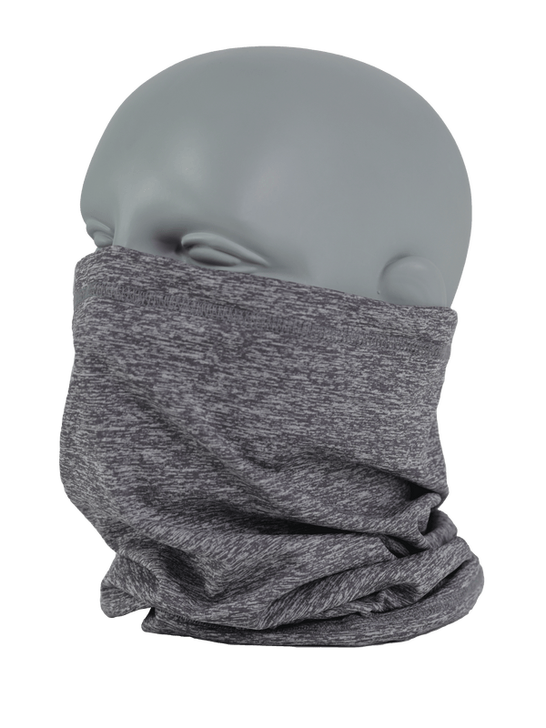 Left corner shot of Comfort Neck Tube in heather grey on mannequin head