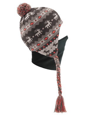 Side view of Junior Quick Clava Antler with Black Clava attached to drop ear beanie with brown and orange pattern featuring deer