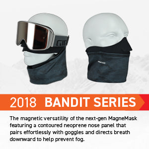 Two white face masks with black neoprene nose panels on a white background, featuring text about the 2018 Bandit Series MagneMask.