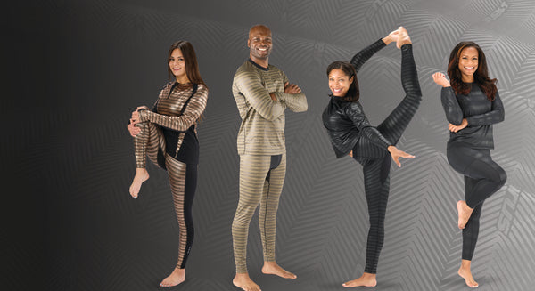 group of four people in a variety of seirus base layer styles in dynamic poses and stretches