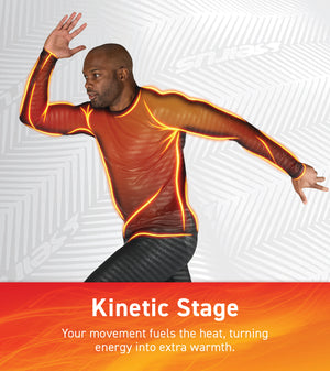 Man in a running motion wearing Seirus base layer with a red glow around his top to show kinetic movement turning into energy