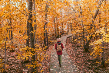 Woman walking in a forest on a wooden bridge with yellow leaves on trees.