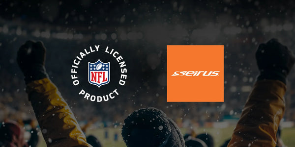 Officially Licensed Product NFL logo next to Seirus logo against snowy stadium scene with people cheering