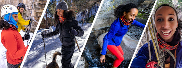 4 combined photos of woman wearing the litewave50 neckup in different outdoor settings