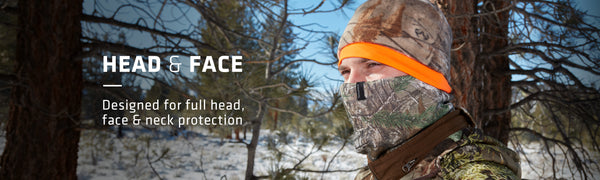 Head & Face Designed for full head, face and neck protection text on left with man on right in snowy woods scenery wearing Seirus camouflage head and face protection gear