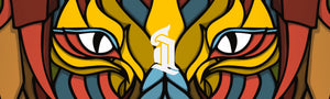 Background image of graphic design piece of a lion's face with shades of yellow, red & bluecreated by Designer Alberto Lemus. Alberto's logo is in the center in white text.