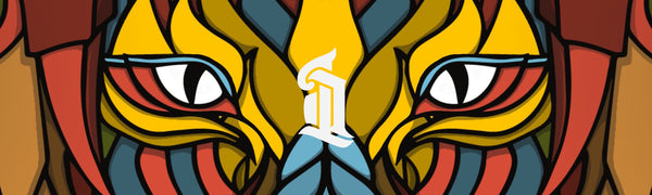 Background image of graphic design piece of a lion's face with shades of yellow, red & bluecreated by Designer Alberto Lemus. Alberto's logo is in the center in white text.