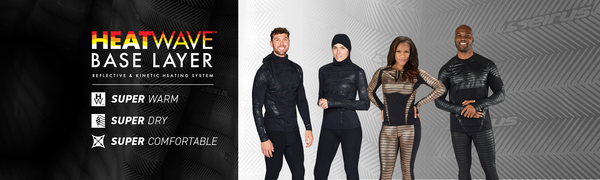 Image of 4 people wearing Seirus Base Layer with gradient material background light to dark Text HeatWave Base Layer features category intro