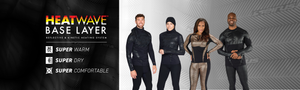 Heatwave Base Layer Super Warm Super Dry Super Comfortable text on left with four models on right wearing various versions of the Heatwave Base Layer sets