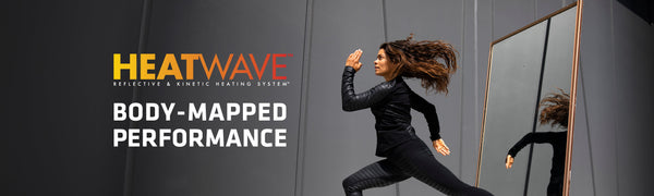 Heatwave Body-Mapped Performance text on left with women on right jumping in the air in a running spring position wearing the Heatwave Body-Mapped base layer set