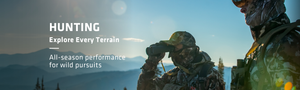 Hunting Explore Ever Terrain All- Season Performance for Wild Pursuits text on left with two men on right in camouflage hunting gear looking out into the distance 