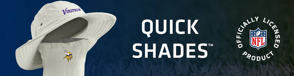 Quick Shade on left with Vikings logo, Quick Shades text center, NFL OLP logo right 