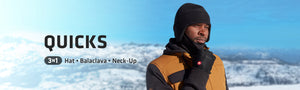Man on a snowy mountain top with the text overlay of "quicks" from Seirus