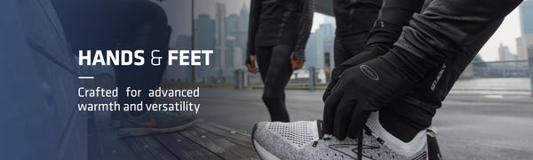 Hands wearing form-fit gloves tieing lace on running shoe