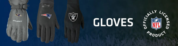 3 gloves on right with NFL team logos, GLOVES title, NFL logo on right