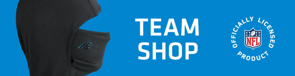 Headliner with Carolina Panthers logo on left with TEAM SHOP and NFL logo on right