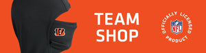 Balaclava with Cincinnati Bengals logo on left with TEAM SHOP and NFL logo on right