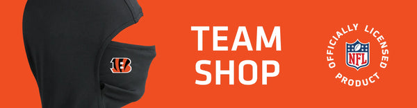 Balaclava with Cincinnati Bengals logo on left with TEAM SHOP and NFL logo on right