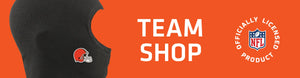 Balaclava with Cleveland Browns logo on left with TEAM SHOP and NFL logo on right