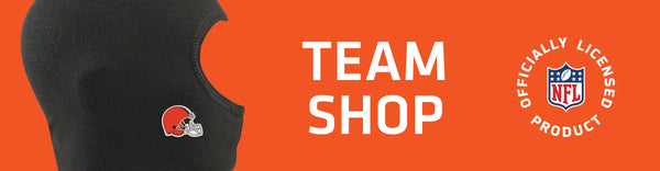 Balaclava with Cleveland Browns logo on left with TEAM SHOP and NFL logo on right