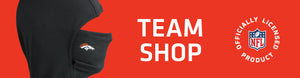 Headliner with Denver Broncos logo on left with TEAM SHOP and NFL logo on right