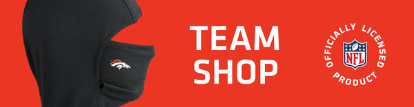Headliner with Denver Broncos logo on left with TEAM SHOP and NFL logo on right