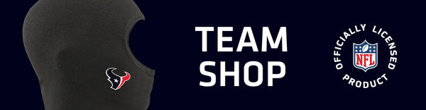 Balaclava with Houston Texans logo on left with TEAM SHOP and NFL logo on right