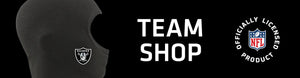 Balaclava with Las Vegas Raiders logo on left with TEAM SHOP and NFL logo on right
