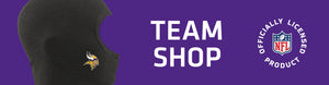Balaclava with Minnesota Vikings logo on left with TEAM SHOP and NFL logo on right