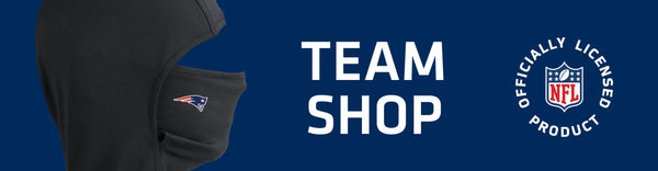 Headliner with New England Patriots logo on left with TEAM SHOP and NFL logo on right