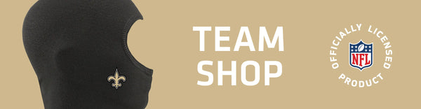 Balaclava with New Orleans Saints logo on left with TEAM SHOP and NFL logo on right