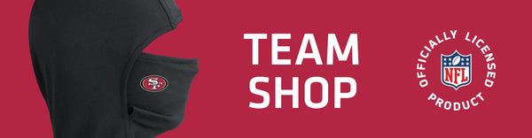 Headliner with San Francisco 49ers logo on left with TEAM SHOP and NFL logo on right