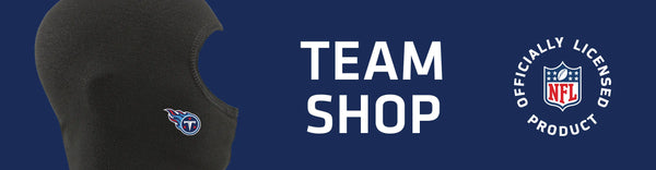 Balaclava with Tennessee Titans logo on left with TEAM SHOP and NFL logo on right