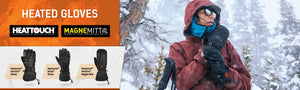 Women wearing Heated Atlas Gloves on the mountain in a snowstorm (right), Heated Gloves text with examples from each listed category: HeatTouch, MagneMitt