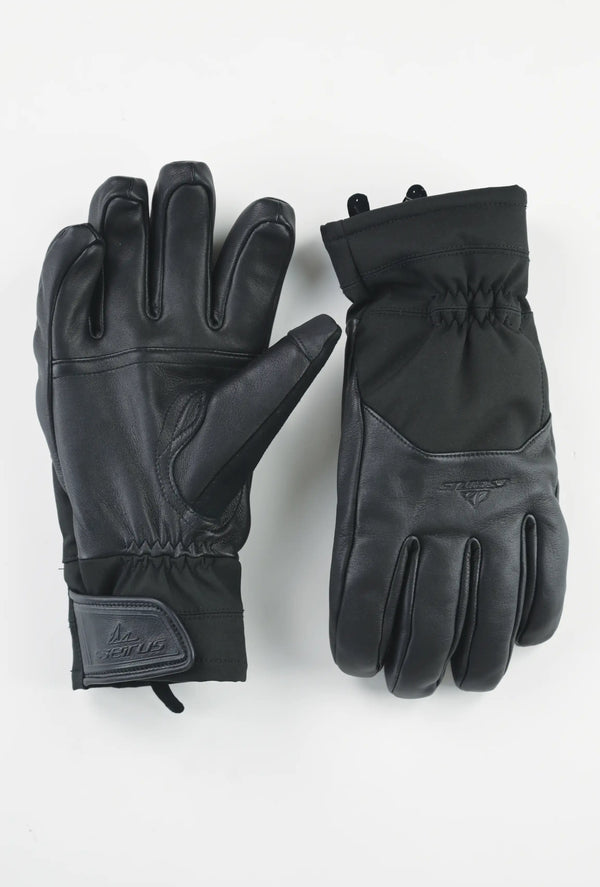 Pair of black leather gloves on a white background