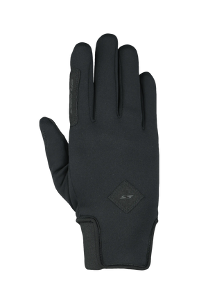 Black glove back of hand with a brand logo on a white background