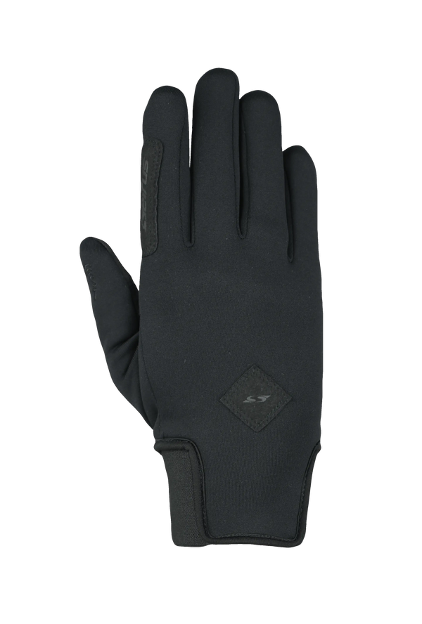 Black glove back of hand with a brand logo on a white background