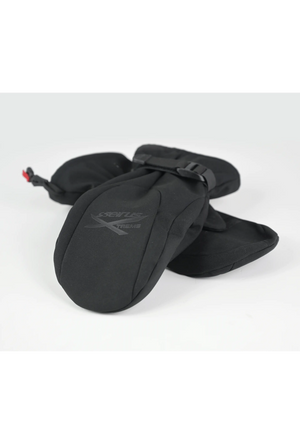 Black outer mitts with a brand logo laying flat on a white background