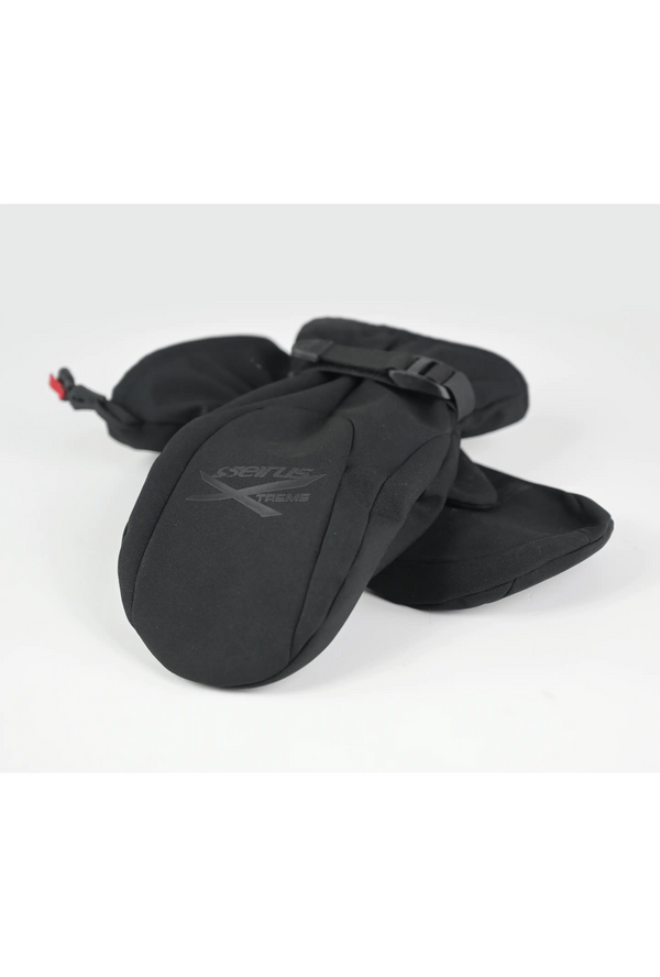 Black outer mitts with a brand logo laying flat on a white background