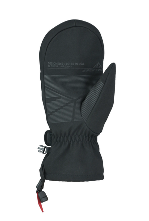 Black mitten with grip text print on palm on a white background