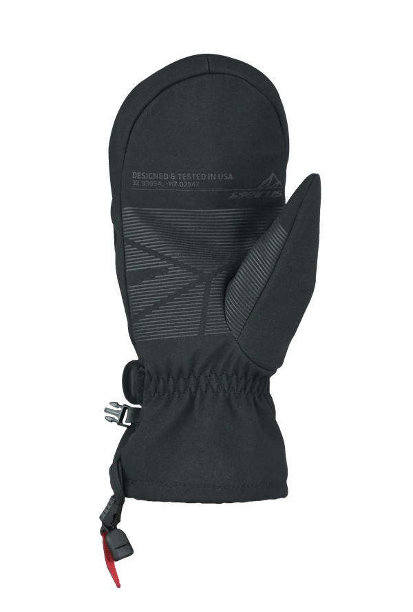 Black mitten with grip text print on palm on a white background