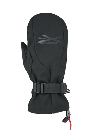 Black ski mitten with a brand logo showing back of hand on a white background