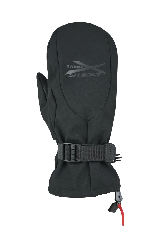 Black ski mitten with a brand logo showing back of hand on a white background