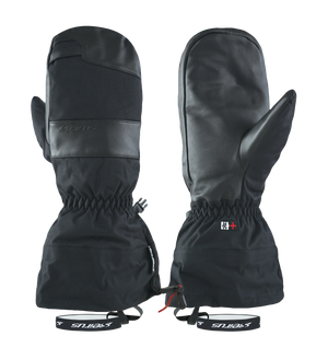 Pair of black winter mittens with brand logo on a white background