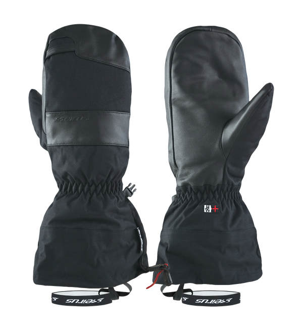 Pair of black winter mittens with brand logo on a white background