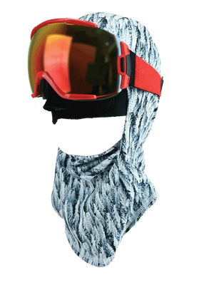 Magnemask Combo Hinged Headliner in Spruce White design with Snow goggles on