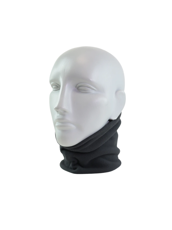 Black neck tube on a mannequin head against a white background
