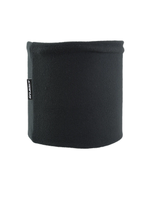 Black neck gaiter with a brand logo on a white background